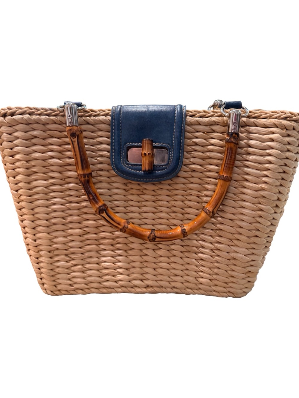 Cappelli Straworld Inc Woven Straw Bamboo Handle Basket Tote Bag Navy - Picture 3 of 11